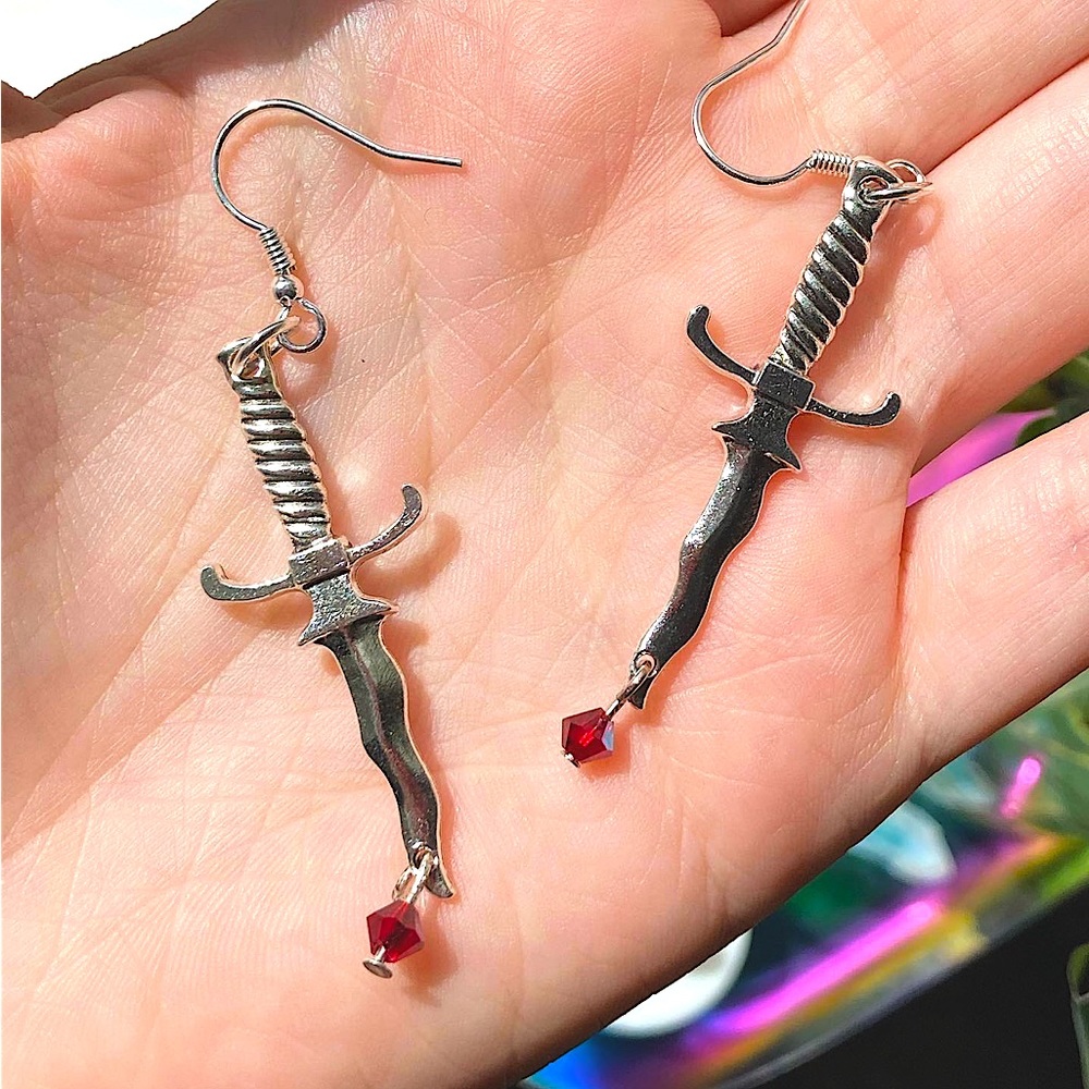 Dagger with Crystal Blood Drop Earrings